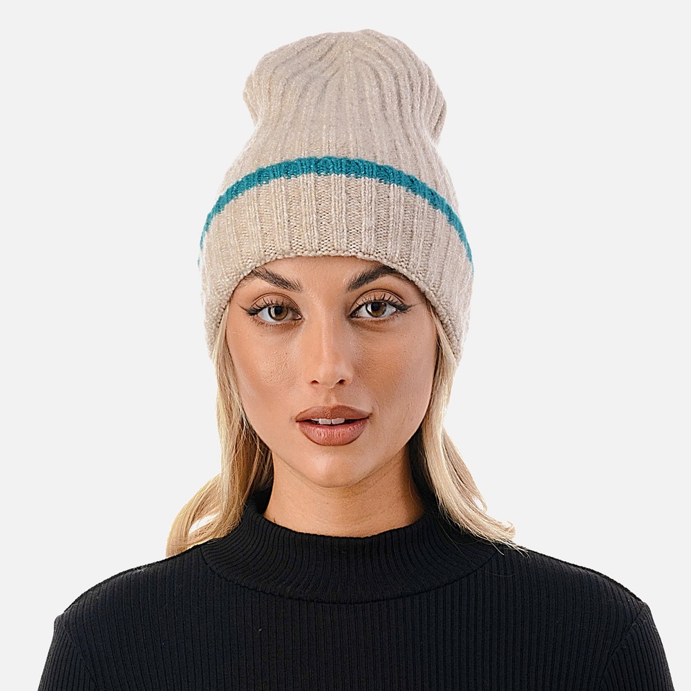 Ribbed Cuff Beanie with Striped Accent. - One Size Fits Most - 70% Acrylic / 25% Polyester / 5% Elasstane view 2