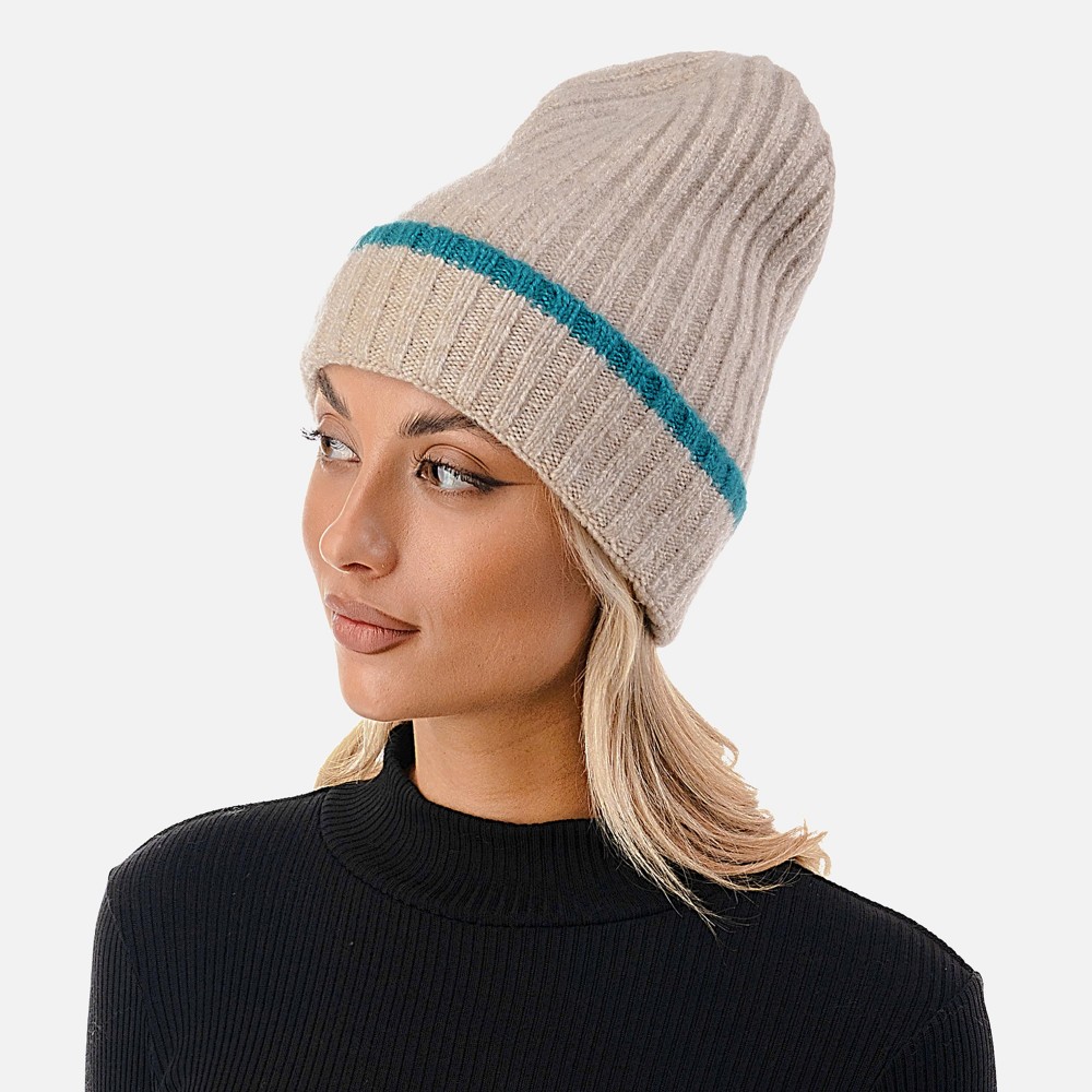 Ribbed Cuff Beanie with Striped Accent. - One Size Fits Most - 70% Acrylic / 25% Polyester / 5% Elasstane view 4