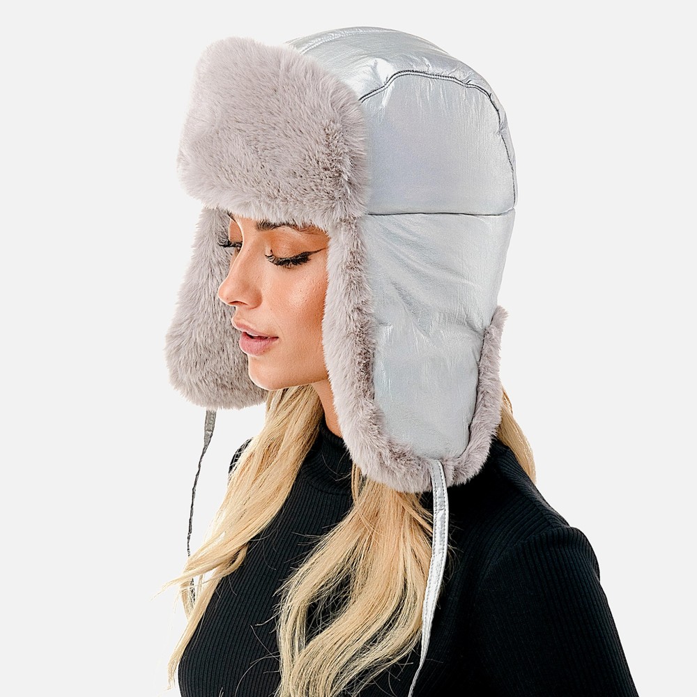Metallic Faux Fur Trapper Hat - One Size Fits Most - Shell: 100% Nylon / Lining & Faux Fur 100% Polyester - Ties Approximately 12" L view 4