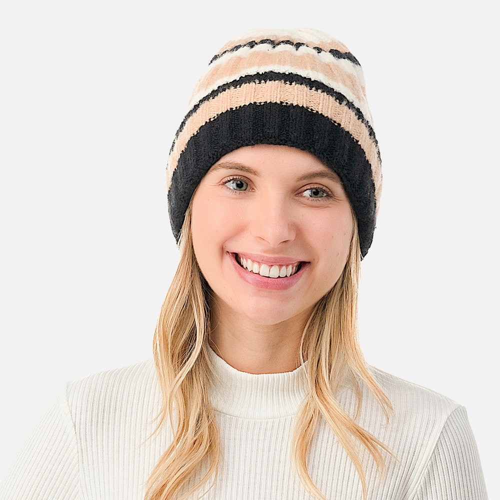 Knit Ribbed and Cuffed Striped Beanie. - One Size Fits Most - 63% Polyester / 33% Acrylic / 4% Spandex view 2