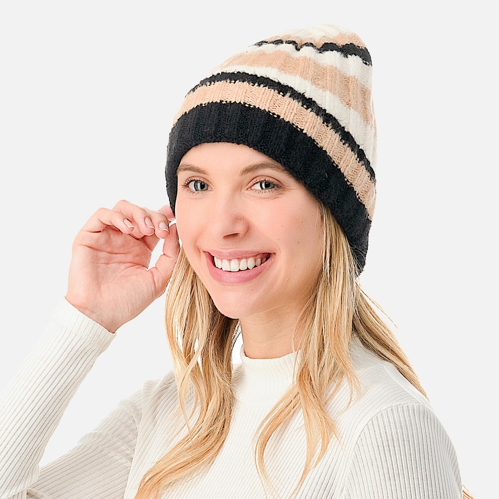 Knit Ribbed and Cuffed Striped Beanie. - One Size Fits Most - 63% Polyester / 33% Acrylic / 4% Spandex view 4