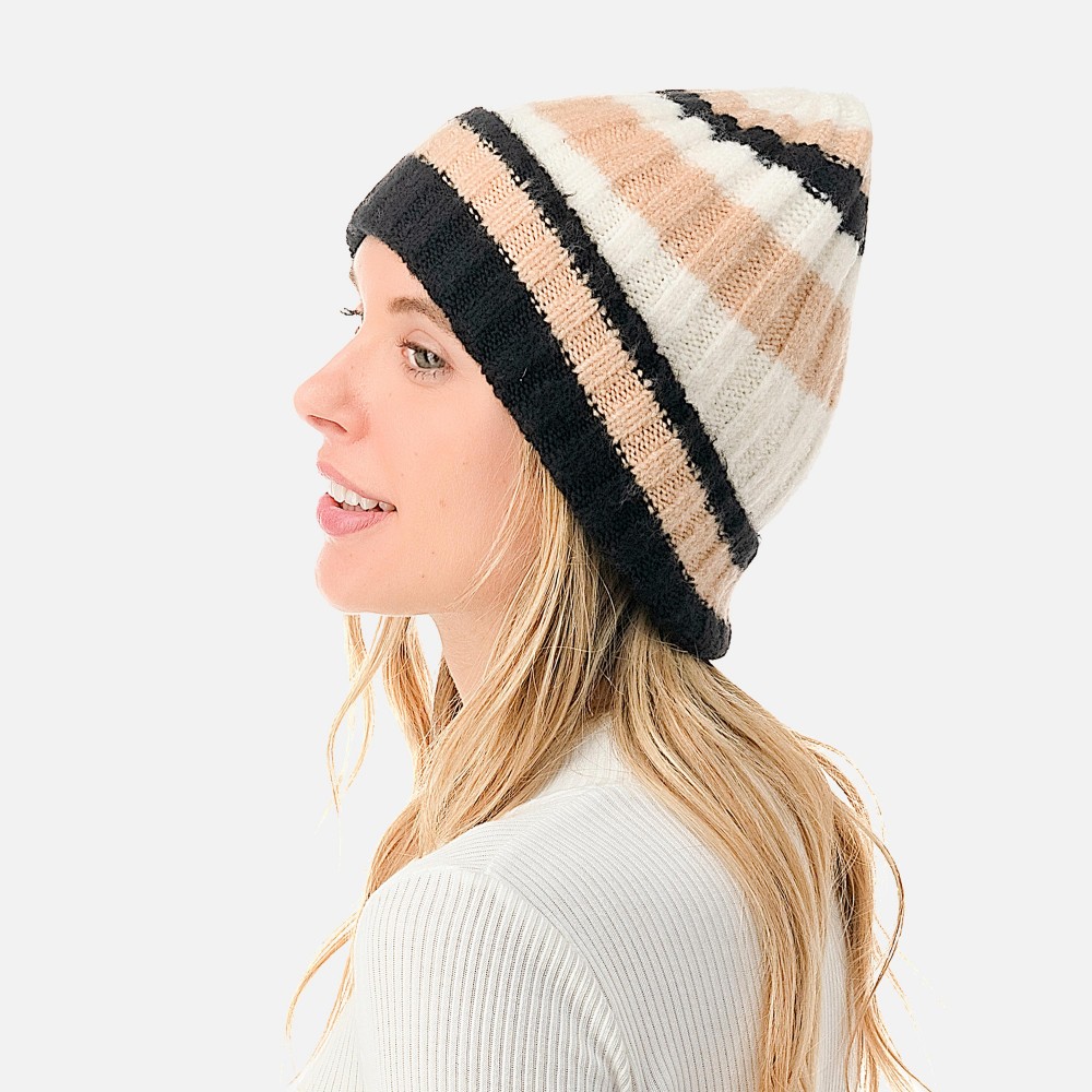 Knit Ribbed and Cuffed Striped Beanie. - One Size Fits Most - 63% Polyester / 33% Acrylic / 4% Spandex view 6