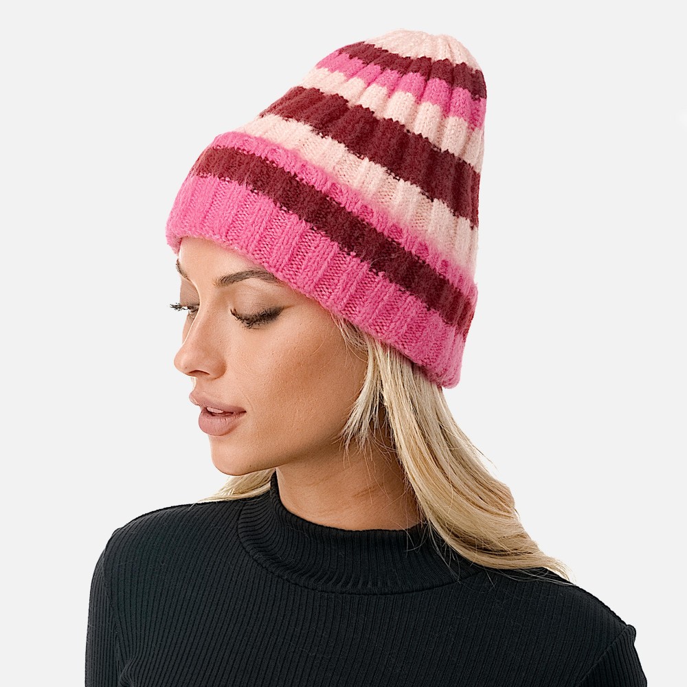 Knit Ribbed and Cuffed Striped Beanie. - One Size Fits Most - 63% Polyester / 33% Acrylic / 4% Spandex view 4