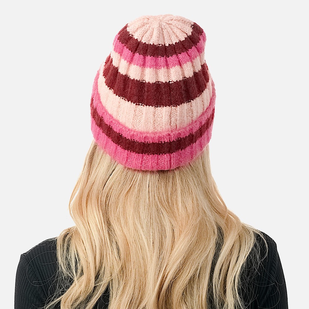 Knit Ribbed and Cuffed Striped Beanie. - One Size Fits Most - 63% Polyester / 33% Acrylic / 4% Spandex view 6
