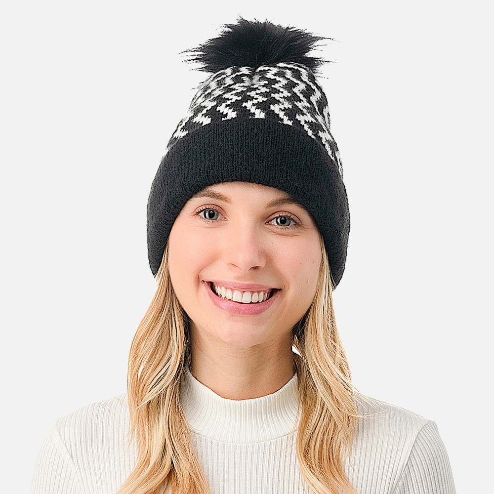 Chevron Striped Beanie With Faux Fur Pom - One Size Fits Most - 59% Acrylic / 38% Polyester / 3% Spandex view 2