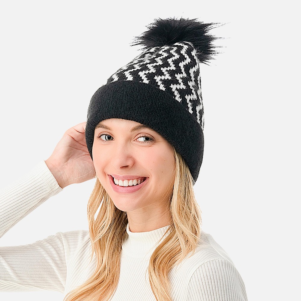 Chevron Striped Beanie With Faux Fur Pom - One Size Fits Most - 59% Acrylic / 38% Polyester / 3% Spandex view 4