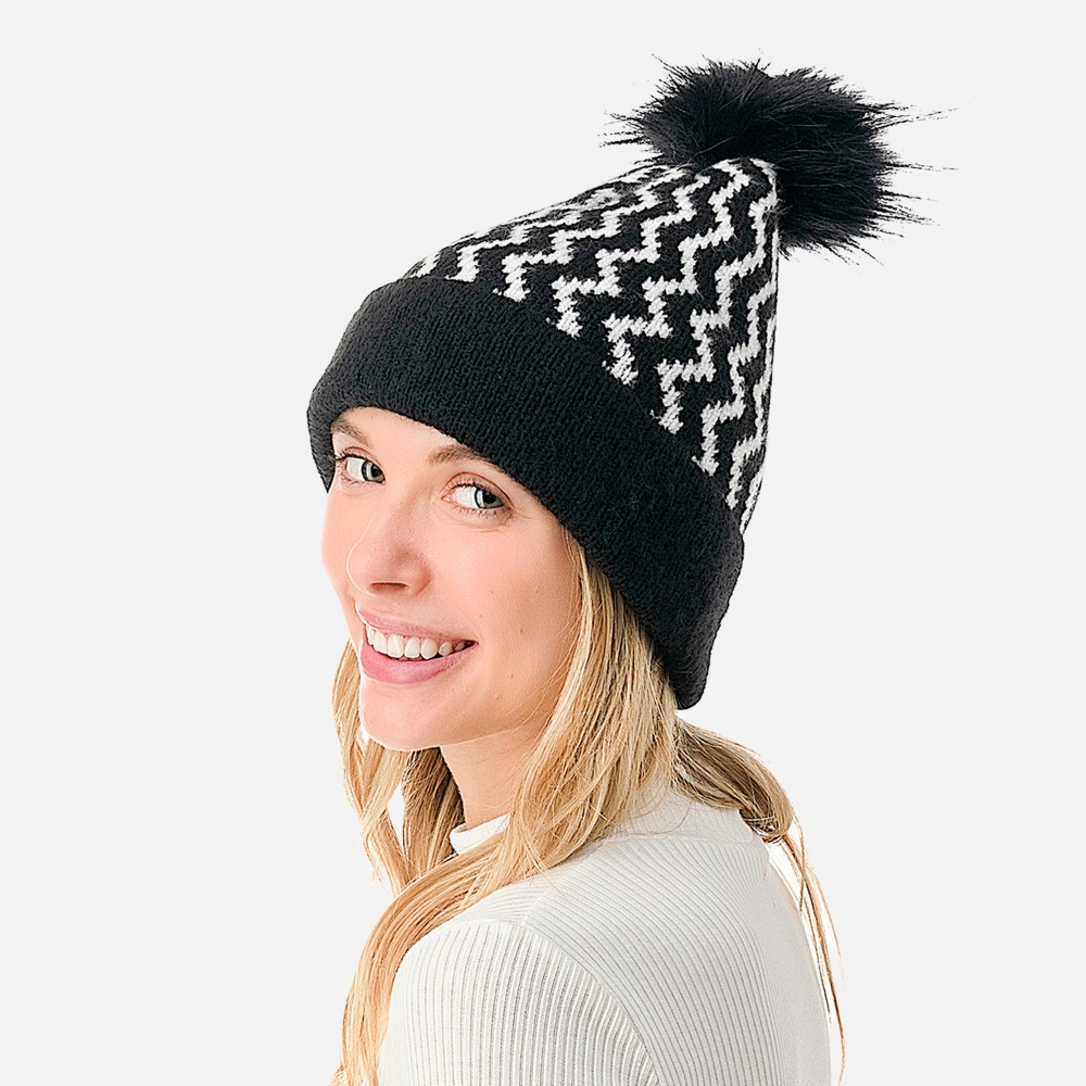 Chevron Striped Beanie With Faux Fur Pom - One Size Fits Most - 59% Acrylic / 38% Polyester / 3% Spandex view 6