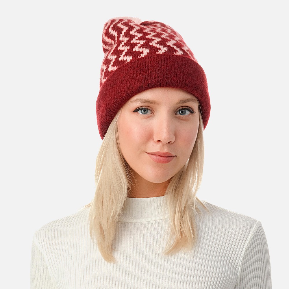 Chevron Striped Beanie With Faux Fur Pom - One Size Fits Most - 59% Acrylic / 38% Polyester / 3% Spandex view 2