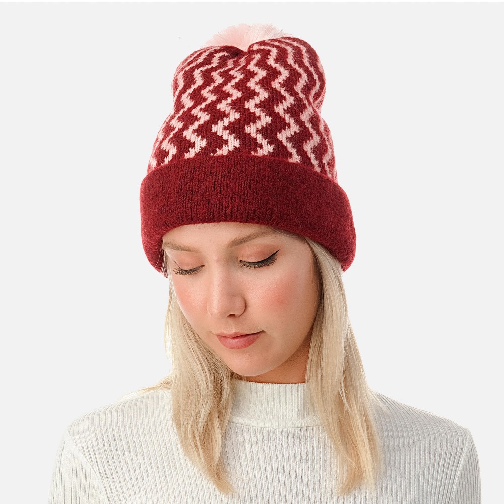 Chevron Striped Beanie With Faux Fur Pom - One Size Fits Most - 59% Acrylic / 38% Polyester / 3% Spandex view 4