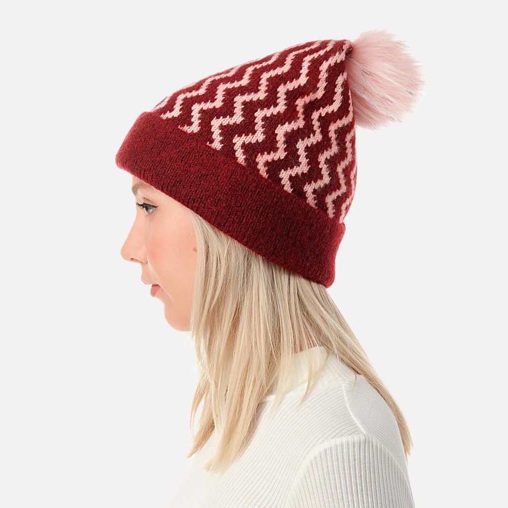 Chevron Striped Beanie With Faux Fur Pom - One Size Fits Most - 59% Acrylic / 38% Polyester / 3% Spandex view 6