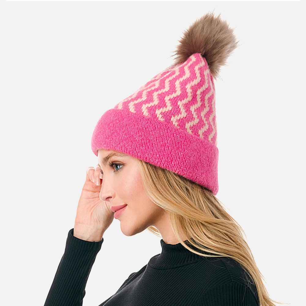 Chevron Striped Beanie With Faux Fur Pom - One Size Fits Most - 59% Acrylic / 38% Polyester / 3% Spandex view 2