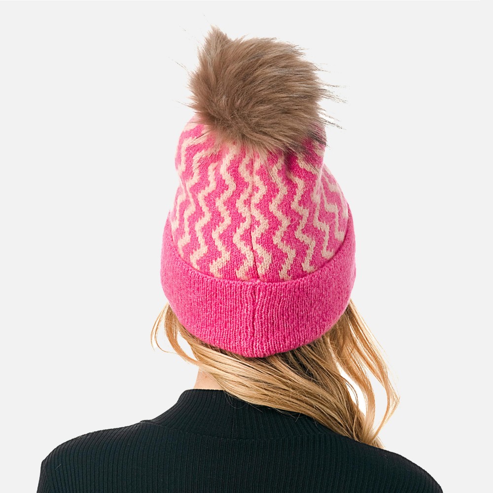 Chevron Striped Beanie With Faux Fur Pom - One Size Fits Most - 59% Acrylic / 38% Polyester / 3% Spandex view 4