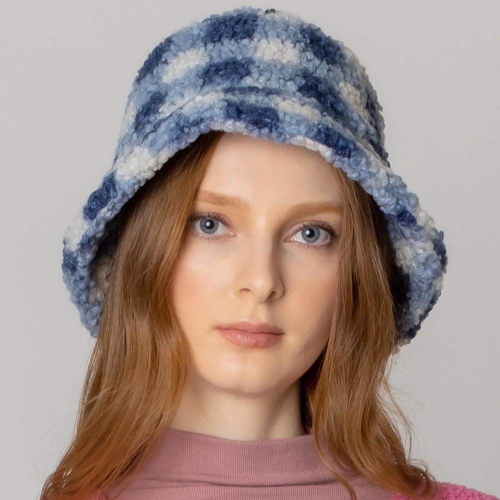 Do Everything In Love Fuzzy Plaid Bucket Hat - One Size Fits Most - Adjustable Drawstring / Lined Bucket Hat - 100% Polyester view 2