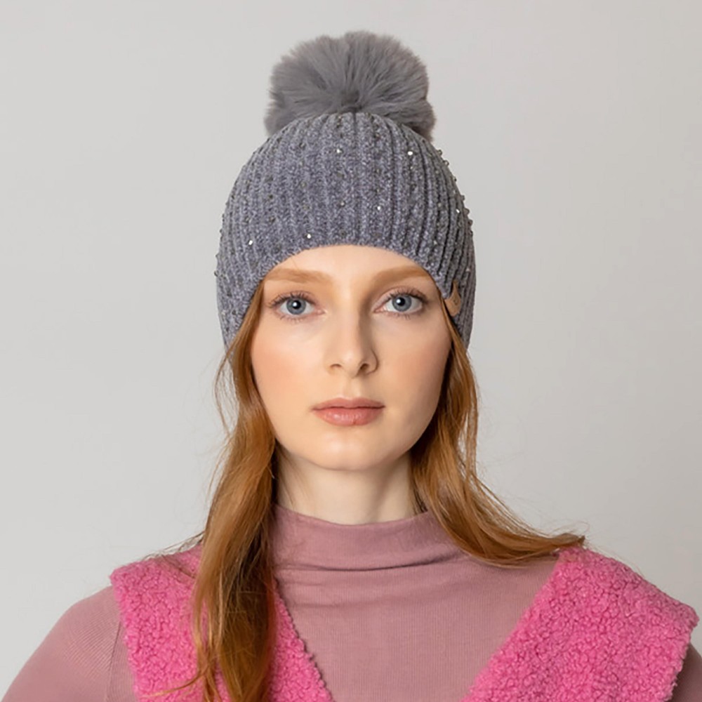 Rhinestone Beaded Ribbed Pom Beanie. - One Size Fits Most - 100% Acrylic view 2