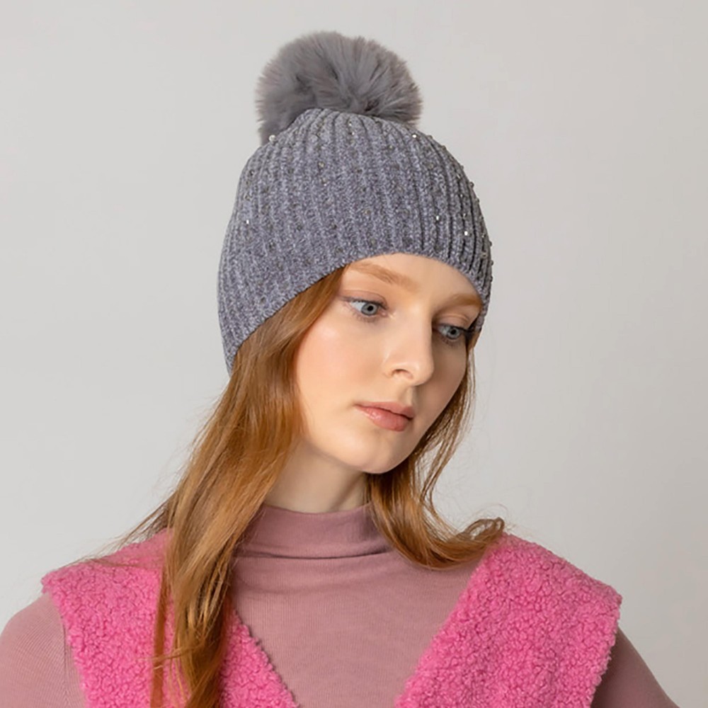 Rhinestone Beaded Ribbed Pom Beanie. - One Size Fits Most - 100% Acrylic view 4