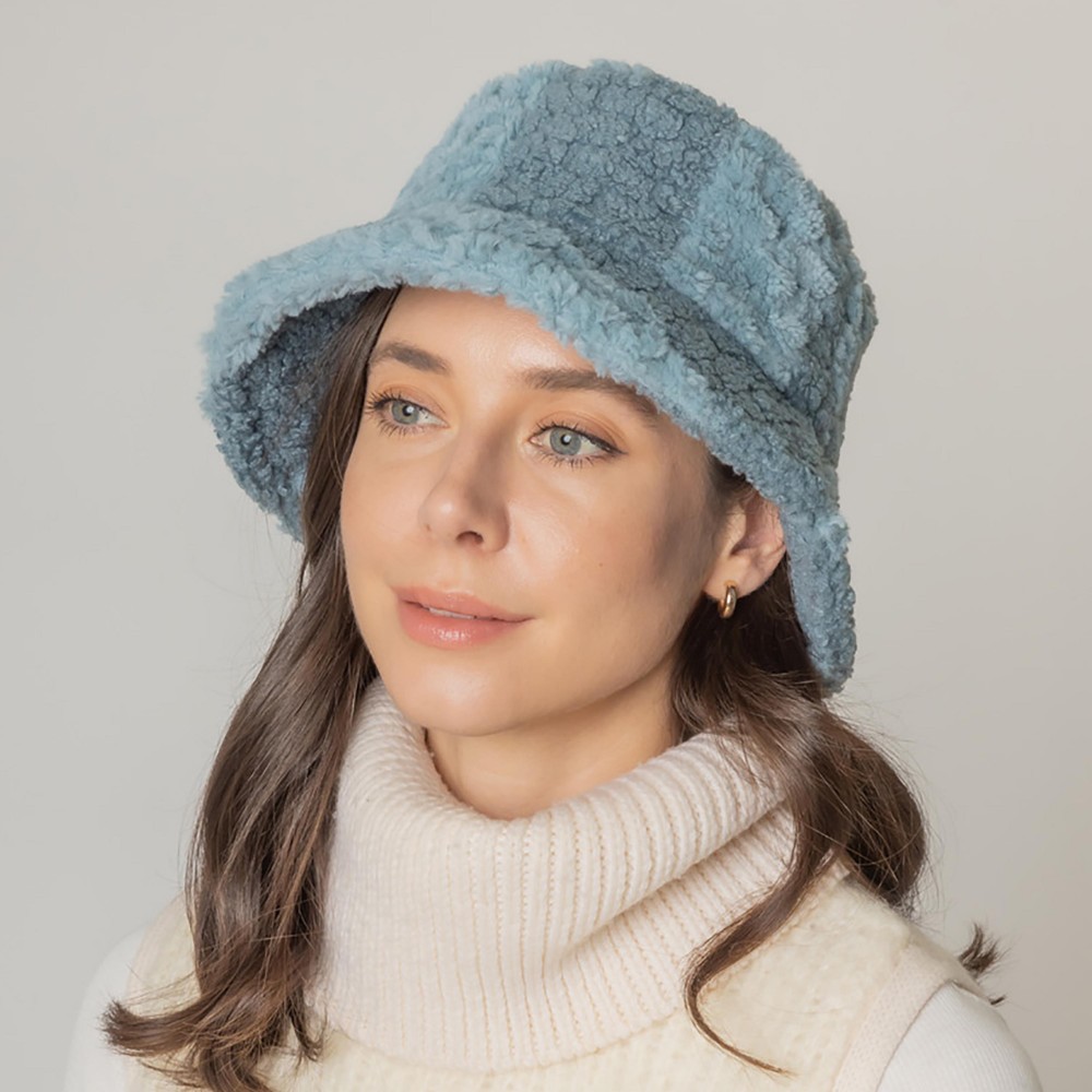 Two Tone Lined Fuzzy Bucket Hat - One Size Fits Most (Internal Adjustable Drawstring) - 100% Polyester view 2