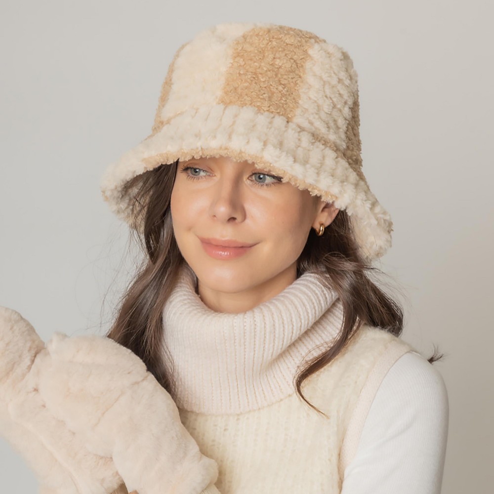 Two Tone Lined Fuzzy Bucket Hat - One Size Fits Most (Internal Adjustable Drawstring) - 100% Polyester view 2