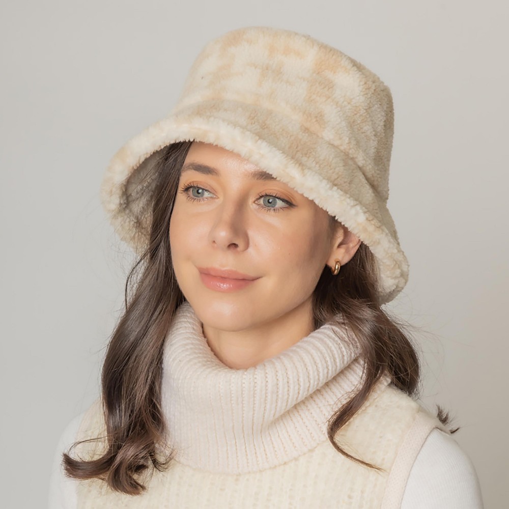 Fuzzy Plaid Bucket Hat. - Adjustable Draw String - One Size Fits Most - 100% Polyester view 2