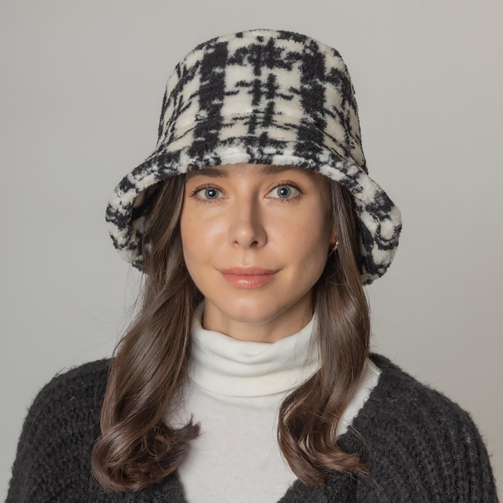 Fuzzy Plaid Bucket Hat. - Adjustable Draw String - One Size Fits Most - 100% Polyester view 2