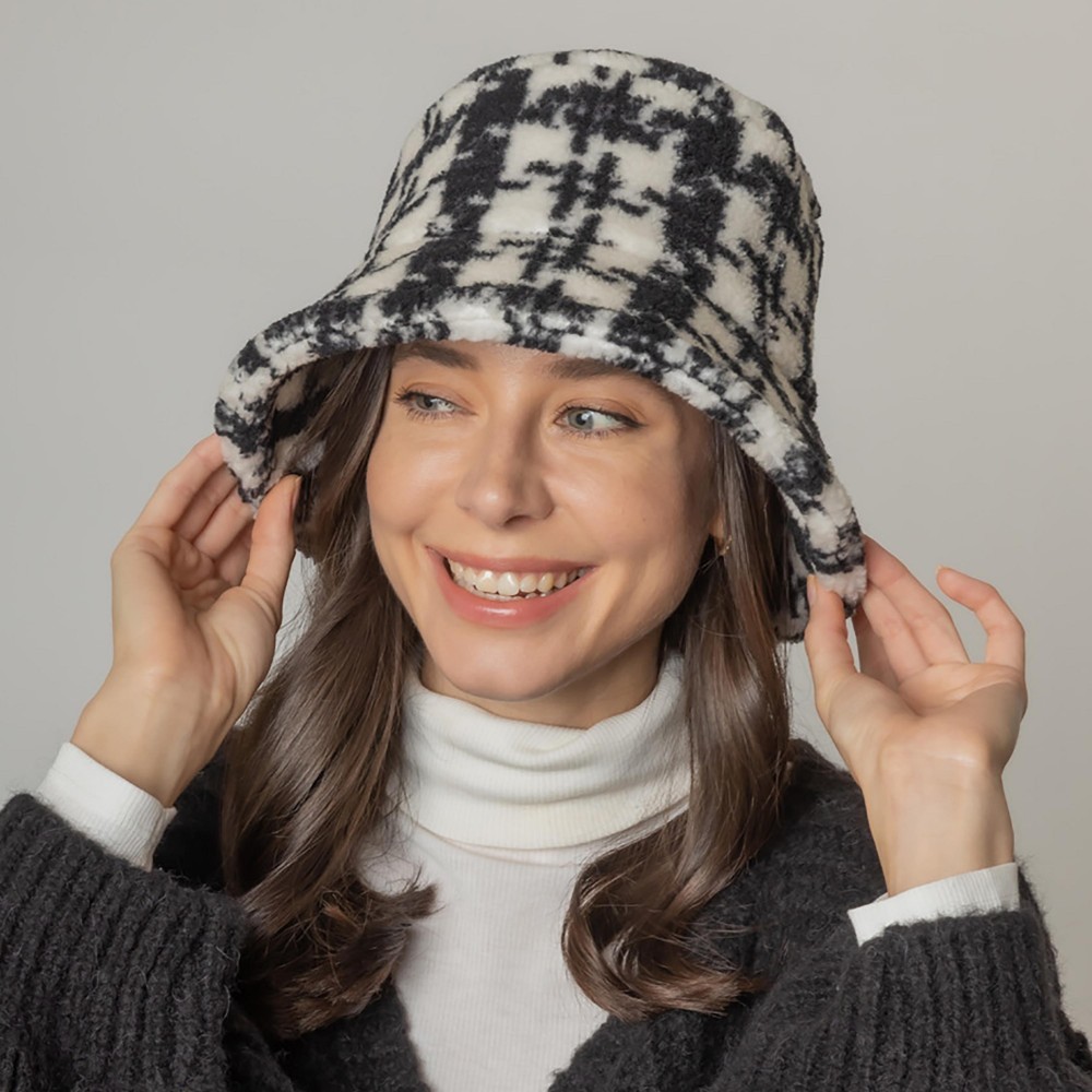 Fuzzy Plaid Bucket Hat. - Adjustable Draw String - One Size Fits Most - 100% Polyester view 4