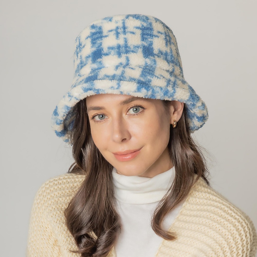 Fuzzy Plaid Bucket Hat. - Adjustable Draw String - One Size Fits Most - 100% Polyester view 2