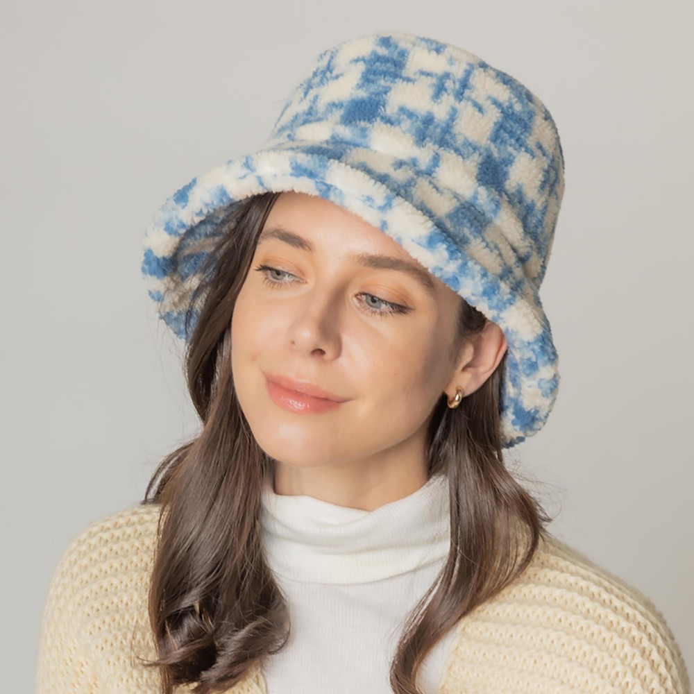 Fuzzy Plaid Bucket Hat. - Adjustable Draw String - One Size Fits Most - 100% Polyester view 4