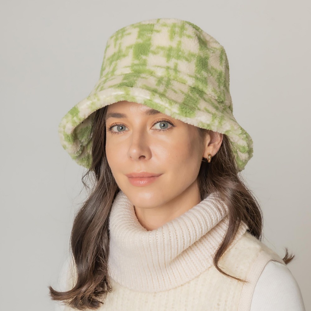 Fuzzy Plaid Bucket Hat. - Adjustable Draw String - One Size Fits Most - 100% Polyester view 2