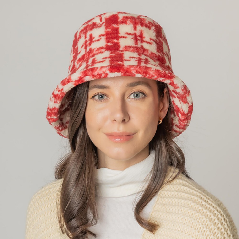 Fuzzy Plaid Bucket Hat. - Adjustable Draw String - One Size Fits Most - 100% Polyester view 2