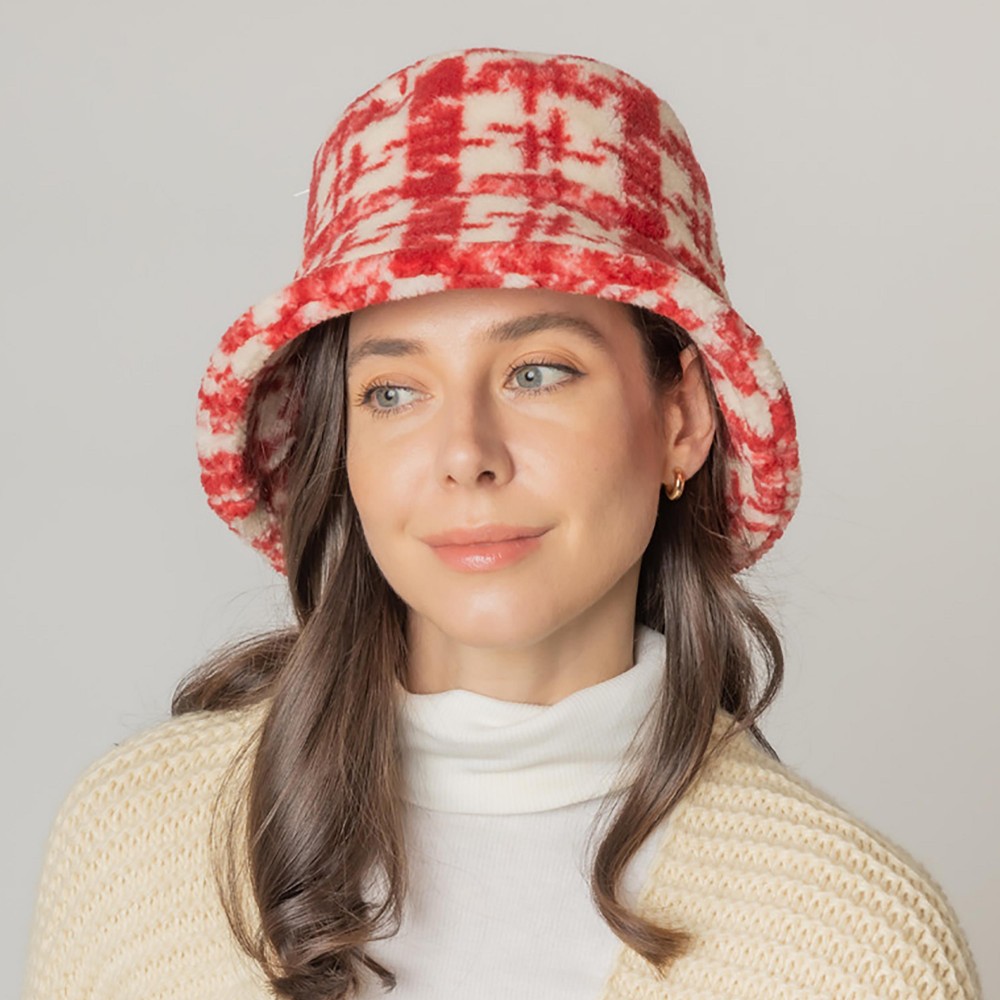 Fuzzy Plaid Bucket Hat. - Adjustable Draw String - One Size Fits Most - 100% Polyester view 4