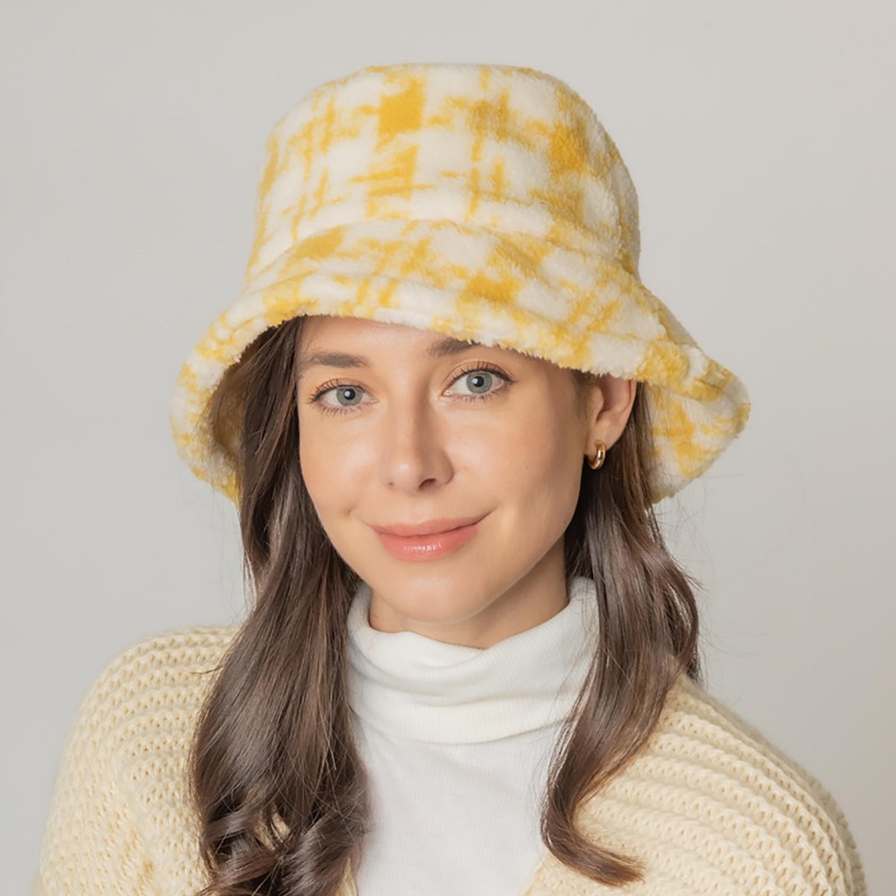 Fuzzy Plaid Bucket Hat. - Adjustable Draw String - One Size Fits Most - 100% Polyester view 2