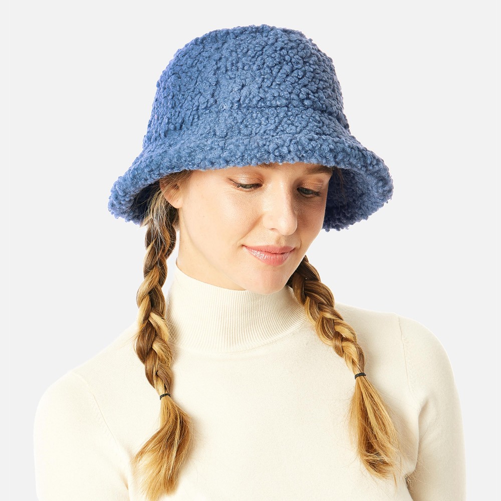 Solid Color Fuzzy Sherpa Bucket Hat - One Size Fits Most - Adjustable Drawstring Inside Hat - 100% Polyester view 2