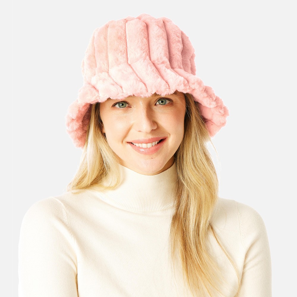 Segmented Faux Fur Bucket Hat - One Size Fits Most - Adjustable Drawstring Inside Hat - 100% Polyester view 2
