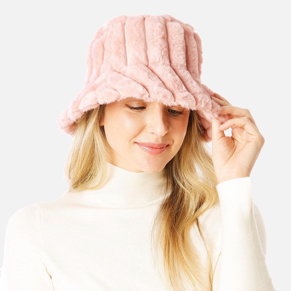Segmented Faux Fur Bucket Hat - One Size Fits Most - Adjustable Drawstring Inside Hat - 100% Polyester view 4