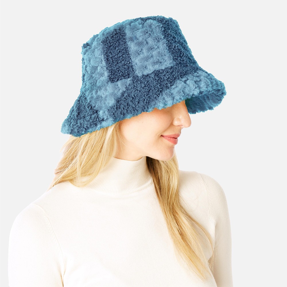 Fuzzy Faux Fur Striped Bucket Hat - One Size Fits Most - Adjustable Drawstring Inside Hat - 100% Polyester view 2