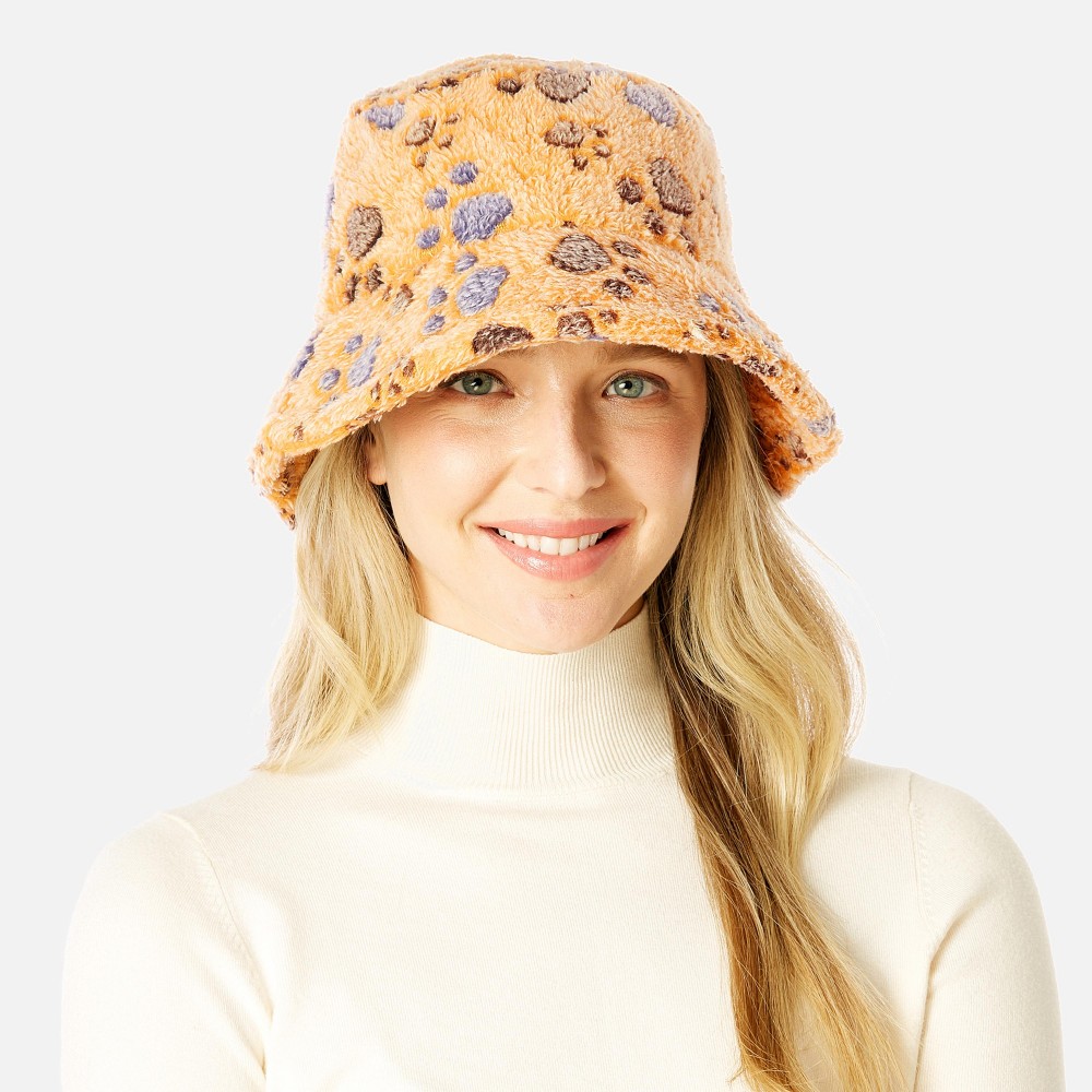 Fuzzy Faux Fur Animal Tracks Bucket Hat - One Size Fits Most - Adjustable Drawstring Inside Hat - 100% Polyester view 2