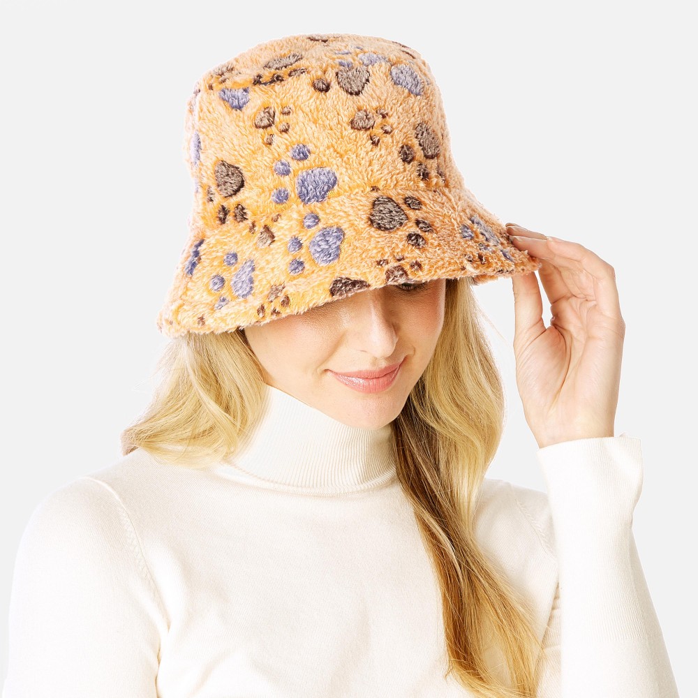 Fuzzy Faux Fur Animal Tracks Bucket Hat - One Size Fits Most - Adjustable Drawstring Inside Hat - 100% Polyester view 4