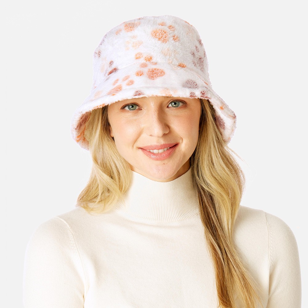 Fuzzy Faux Fur Animal Tracks Bucket Hat - One Size Fits Most - Adjustable Drawstring Inside Hat - 100% Polyester view 2