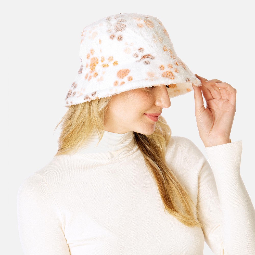 Fuzzy Faux Fur Animal Tracks Bucket Hat - One Size Fits Most - Adjustable Drawstring Inside Hat - 100% Polyester view 4