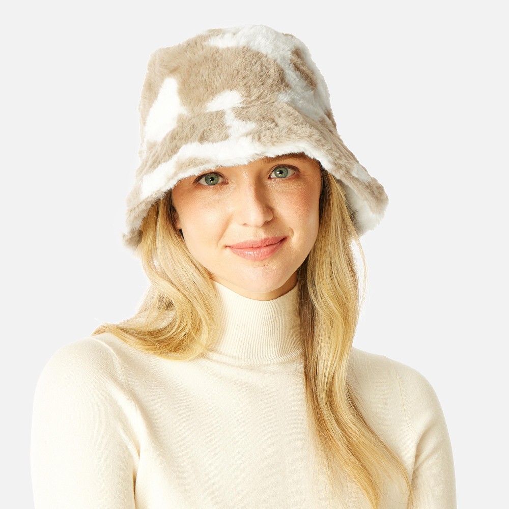 Faux Fur Cow Print Bucket Hat - One Size Fits Most - Adjustable Drawstring Inside Hat - 100% Polyester view 2