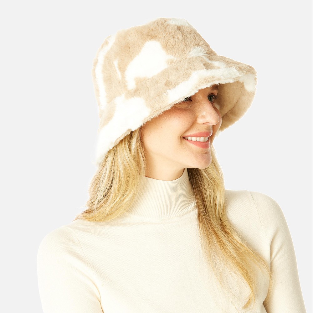 Faux Fur Cow Print Bucket Hat - One Size Fits Most - Adjustable Drawstring Inside Hat - 100% Polyester view 4
