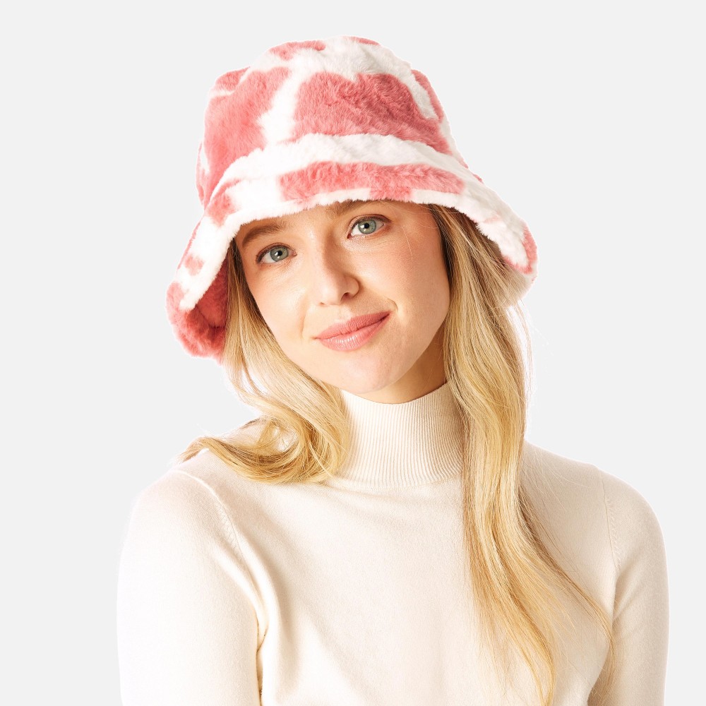 Faux Fur Cow Print Bucket Hat - One Size Fits Most - Adjustable Drawstring Inside Hat - 100% Polyester view 2