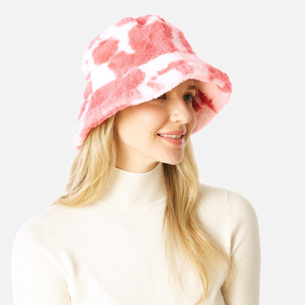 Faux Fur Cow Print Bucket Hat - One Size Fits Most - Adjustable Drawstring Inside Hat - 100% Polyester view 4