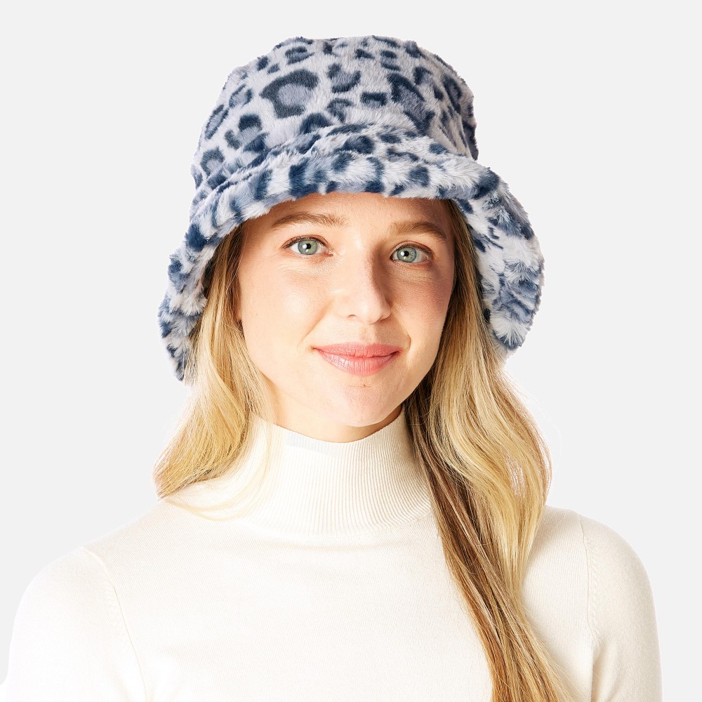 Faux Fur Leopard Print Bucket Hat - One Size Fits Most - Adjustable Drawstring Inside Hat - 100% Polyester view 2