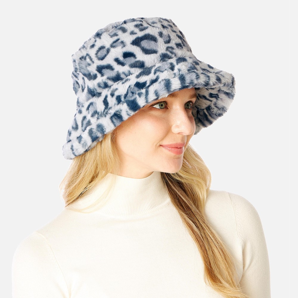 Faux Fur Leopard Print Bucket Hat - One Size Fits Most - Adjustable Drawstring Inside Hat - 100% Polyester view 4