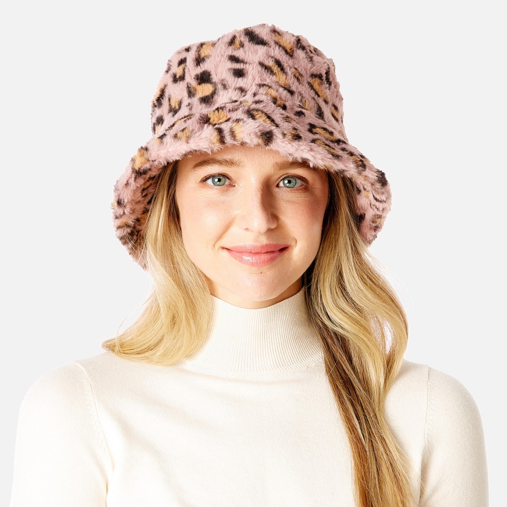 Faux Fur Leopard Print Bucket Hat - One Size Fits Most - Adjustable Drawstring Inside Hat - 100% Polyester view 2