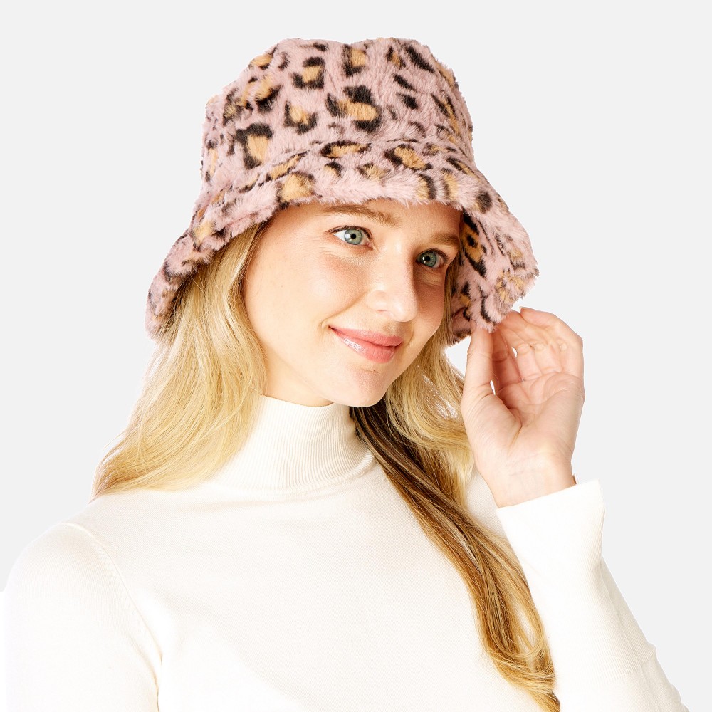 Faux Fur Leopard Print Bucket Hat - One Size Fits Most - Adjustable Drawstring Inside Hat - 100% Polyester view 4
