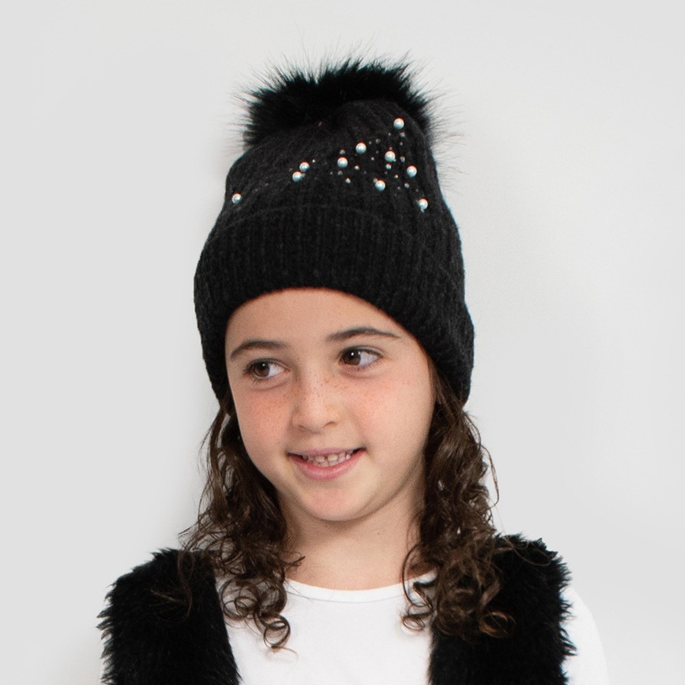 Kids Knit Beanie Featuring Pearl & Rhinestone Accents With Faux Fur Pom - 75% Acrylic/ 22% Nylon/ 3% Spandex - S/M Fits 3-6 view 2