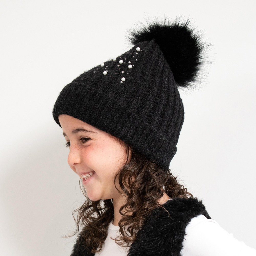 Kids Knit Beanie Featuring Pearl & Rhinestone Accents With Faux Fur Pom - 75% Acrylic/ 22% Nylon/ 3% Spandex - S/M Fits 3-6 view 4