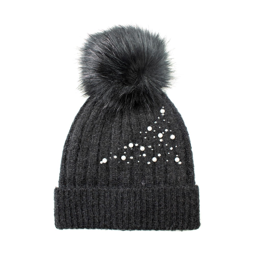 Kids Knit Beanie Featuring Pearl & Rhinestone Accents With Faux Fur Pom - 75% Acrylic/ 22% Nylon/ 3% Spandex - S/M Fits 3-6 view 6