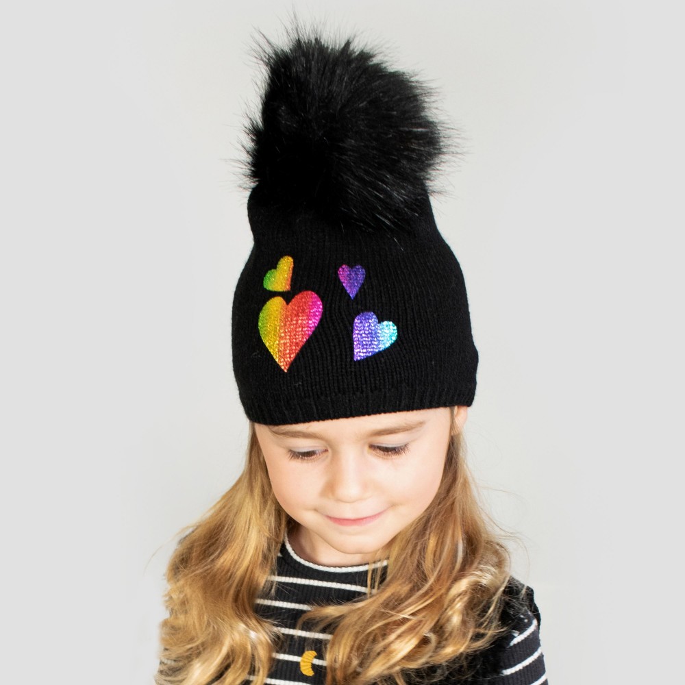 Kids Knit Beanie Featuring Metallic Hearts And Faux Fur Pom - 50% Viscose/ 30% Polyester/ 20% Nylon - S/M Fits 3-6 - M/L Fits 6-12 view 2